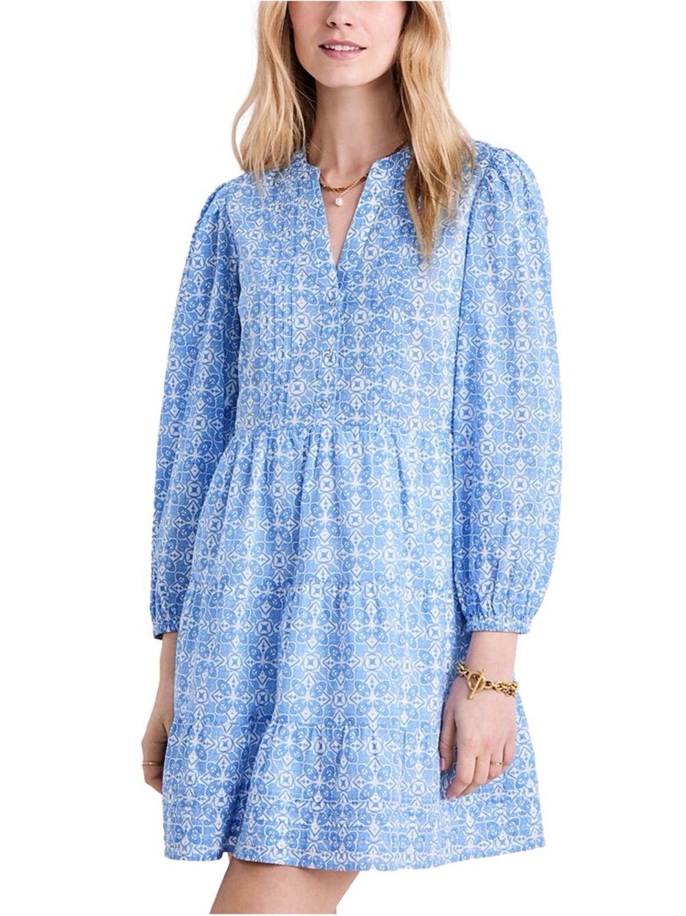 blue-and-white patterned Vineyard Vines Tessa Tiered Dress